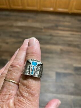 Sterling Silver Wide Band Ring with Turquoise Inlay Longhorn
